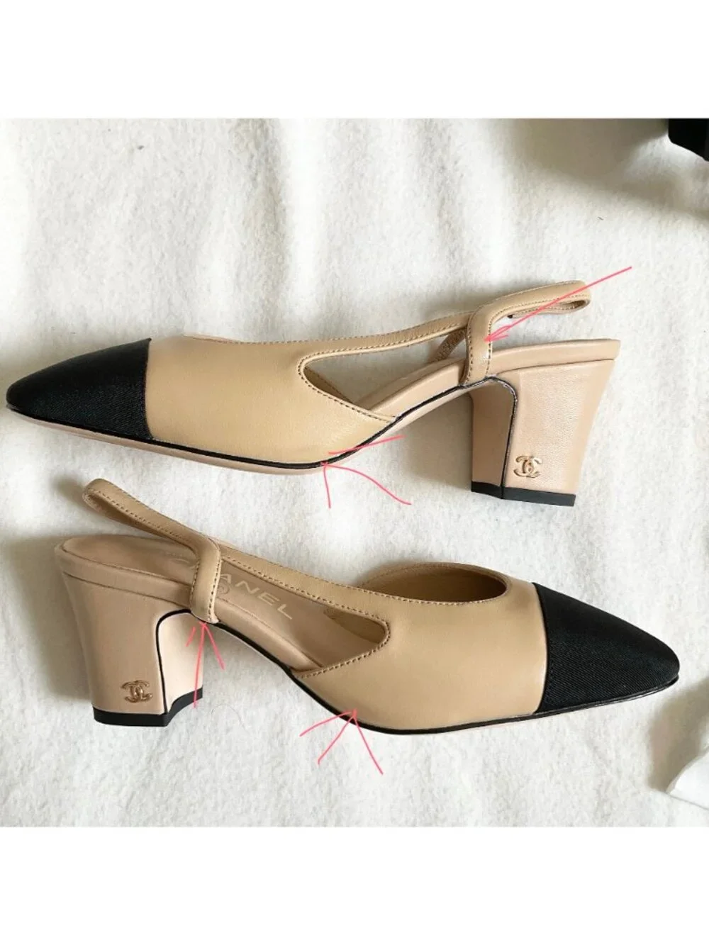 NWB CHANEL Interlocking TWO tone black beige Leather Slingback Pump 37 heels6.5